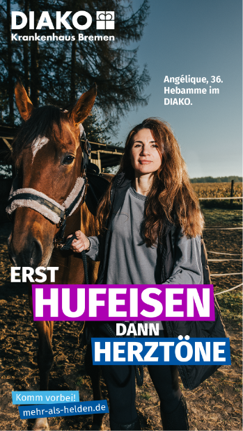 Kampagnenmotiv „Erst Hufeisen, dann Herztöne“ mit Hebamme Angélique