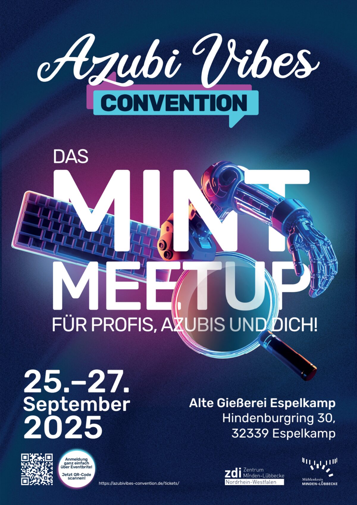 Plakat Das MINT Meetup 2025 im Look der Azubi Vibes Convention