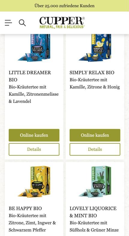 Mobile Produktübersicht von cupper-teas.de