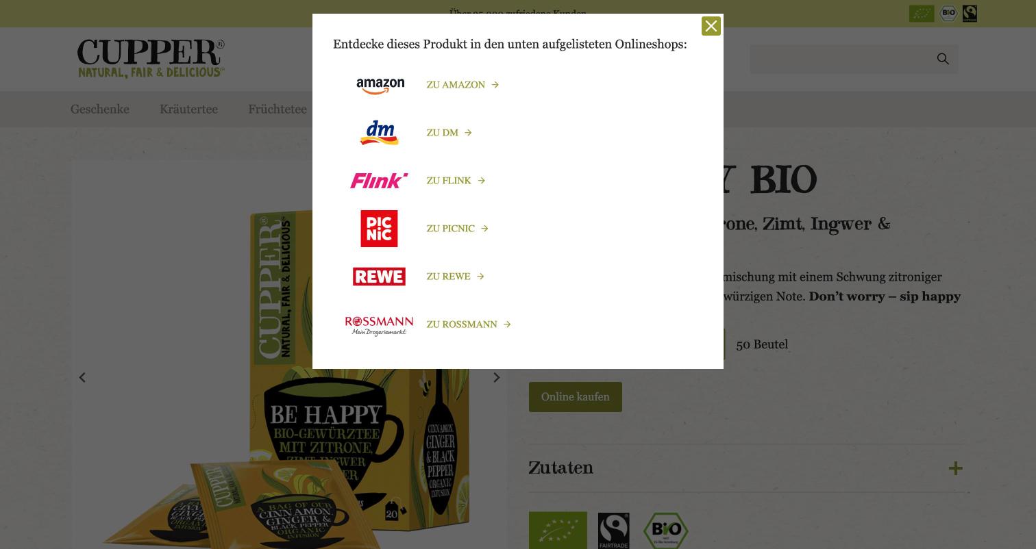 Händlerauswahl auf cupper-teas.de: Amazon, dm, Flink, Picnic, Rewe und Rossmann