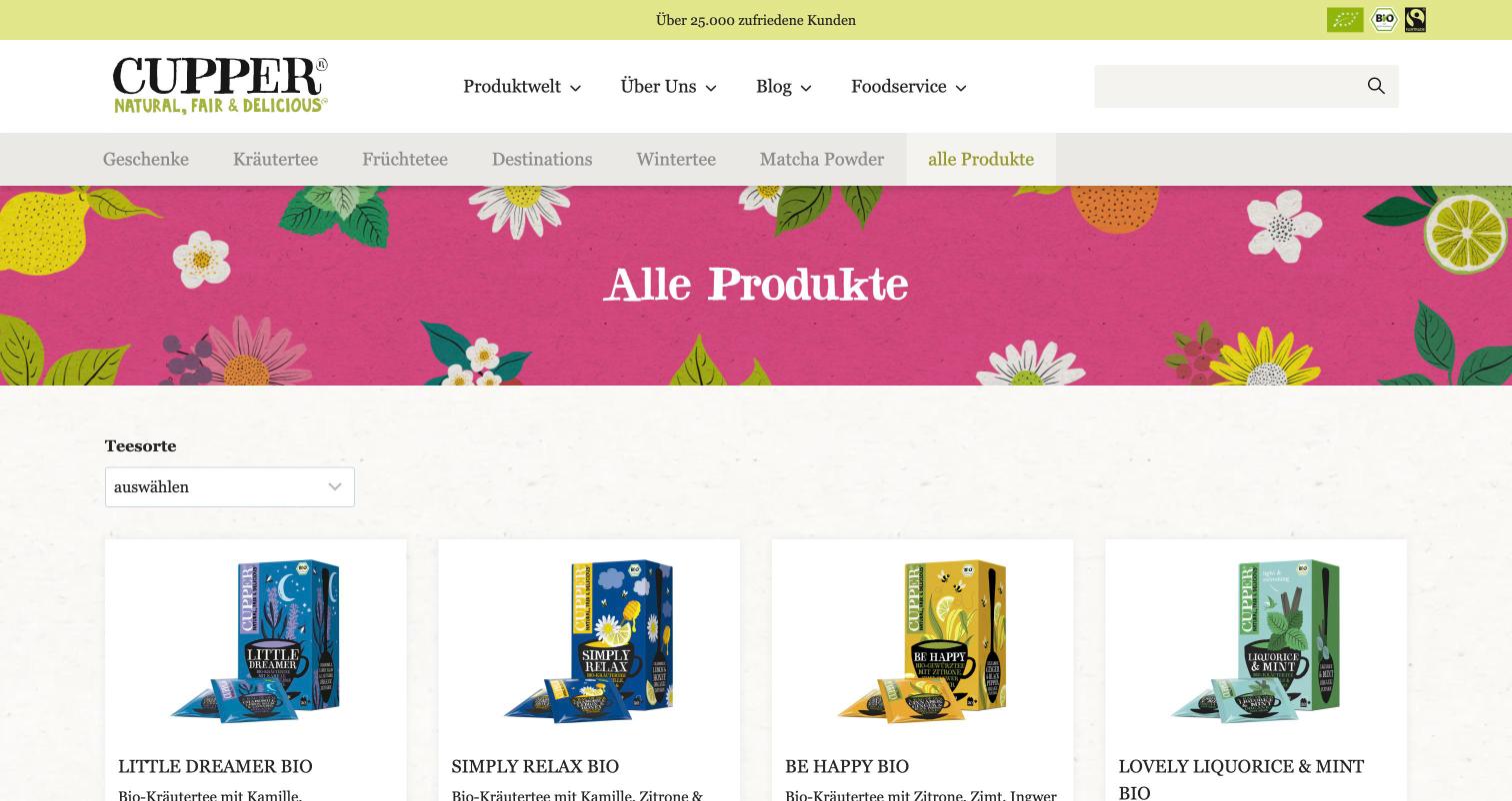 Produktübersicht auf cupper-teas.de mit Kategorien, Filter nach Teesorte und Produktkacheln