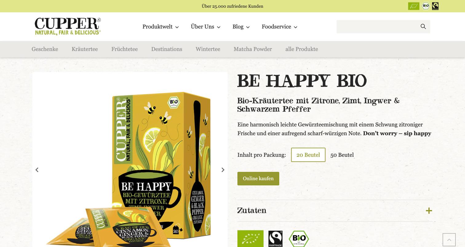 Produktseite Be Happy Bio auf cupper-teas.de mit Packungsgrößen, Button Online kaufen und Siegeln