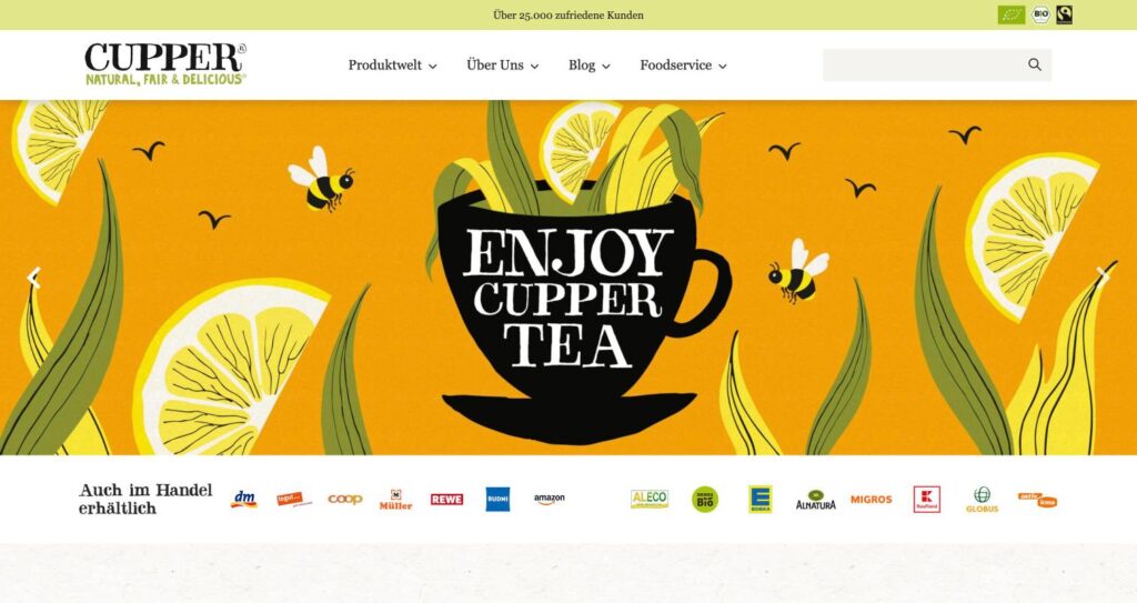 Cupper Teas Website – Startseite von cupper-teas.de mit dem Motiv Enjoy Cupper Tea und den Handelspartnern