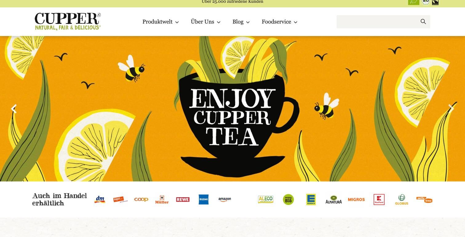 Jung&Billig - 23 • Werbeagentur Startseite von cupper-teas.de mit dem Motiv Enjoy Cupper Tea und den Handelspartnern