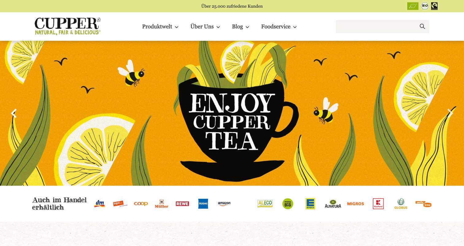 Startseite von cupper-teas.de mit dem Motiv Enjoy Cupper Tea und den Handelspartnern