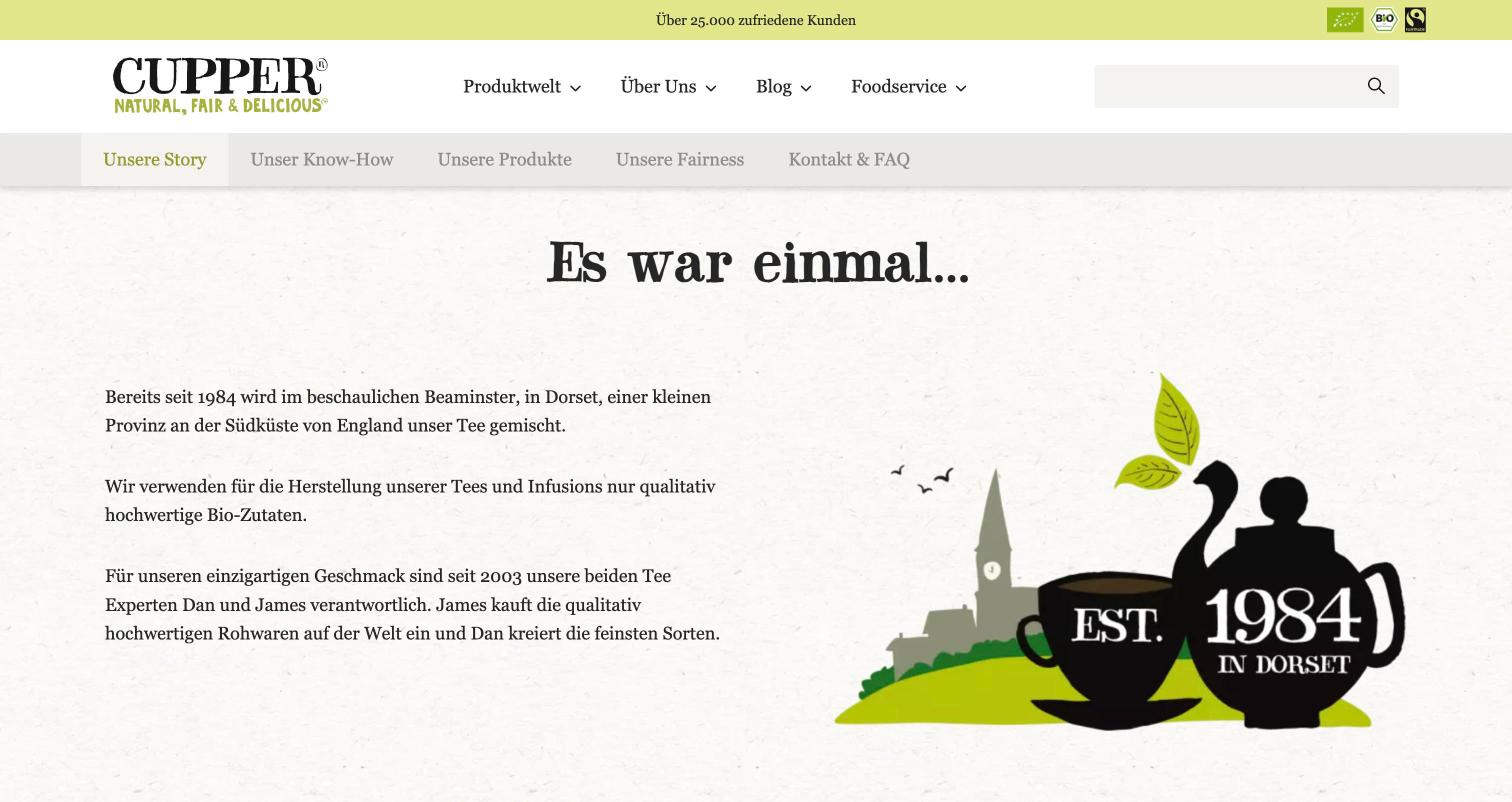 Seite Unsere Story auf cupper-teas.de mit der Illustration Est. 1984 in Dorset