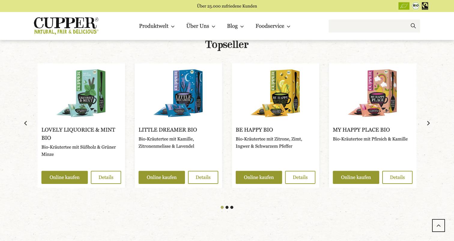 Topseller-Bereich auf cupper-teas.de mit vier Tees und den Buttons Online kaufen und Details