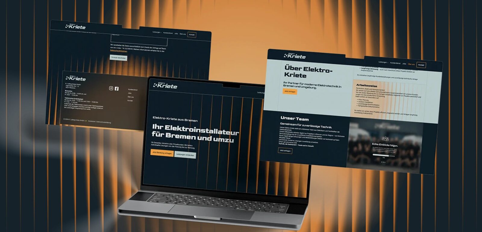 Jung&Billig - 34 • Werbeagentur Referenz Elektro Kriete: Website-Mockup vor orangem Keyvisual