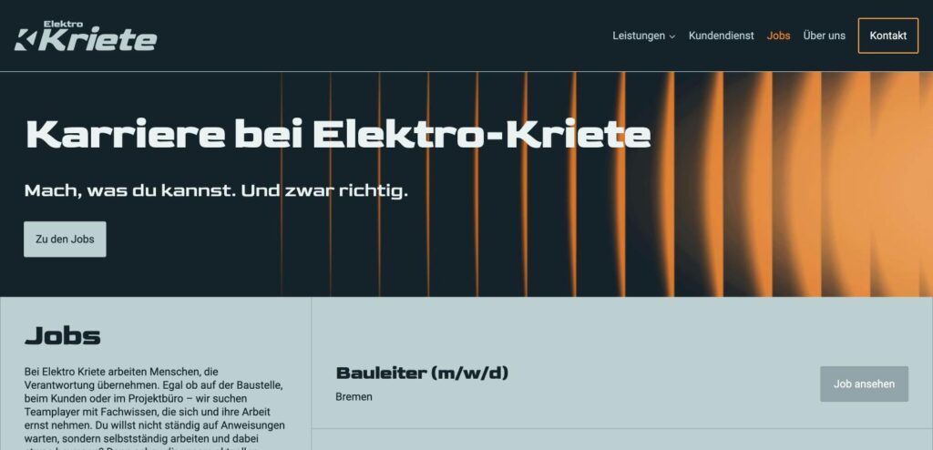 Karriereseite der Website von Elektro Kriete mit Stellenangeboten