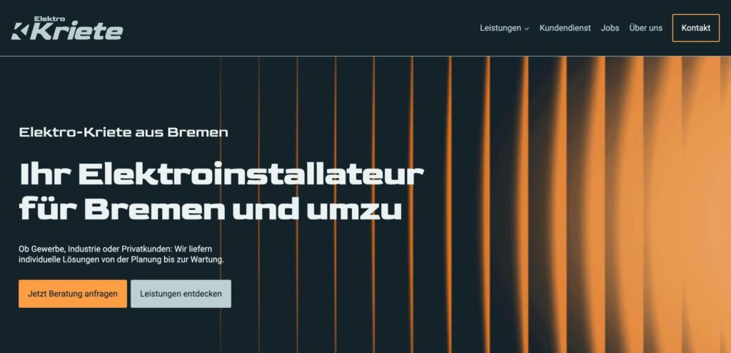 Startseite der Website von Elektro Kriete: „Ihr Elektroinstallateur für Bremen und umzu“