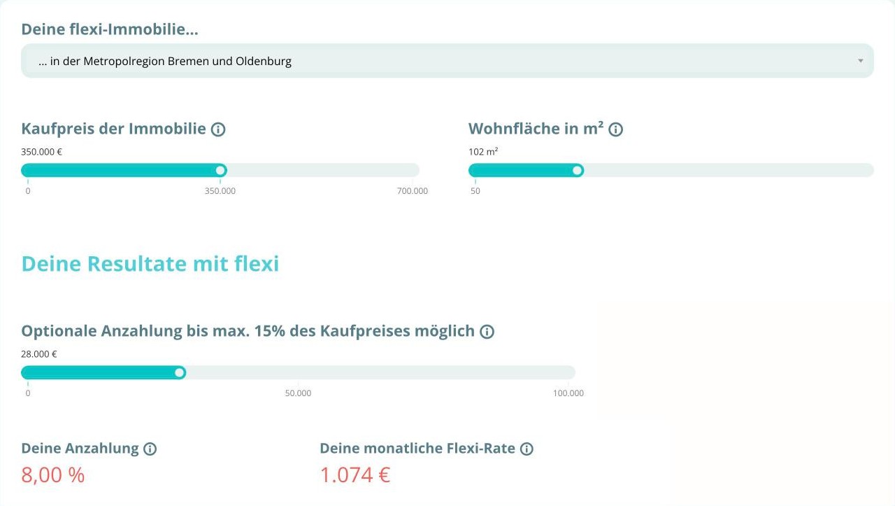 flexi-Kalkulator: Region, Kaufpreis, Wohnfläche und Anzahlung einstellen, monatliche Flexi-Rate ablesen