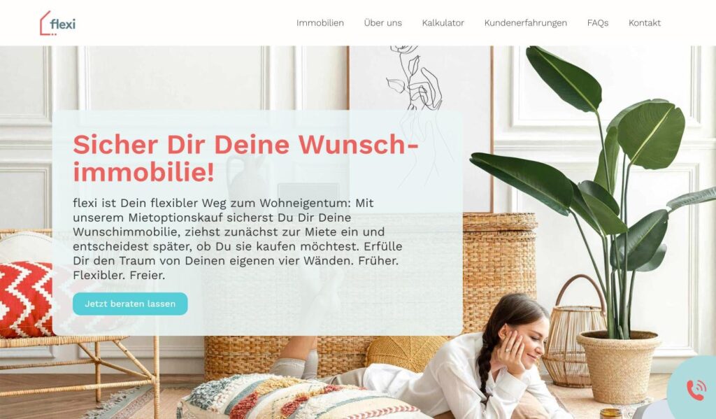 Flexi Immovation – Startseite der flexi-Website: „Sicher Dir Deine Wunschimmobilie!“ mit Beratungs-Button