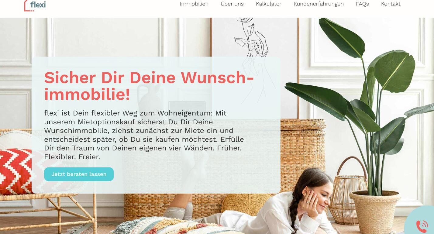 Jung&Billig - 25 • Werbeagentur Startseite der flexi-Website: „Sicher Dir Deine Wunschimmobilie!“ mit Beratungs-Button