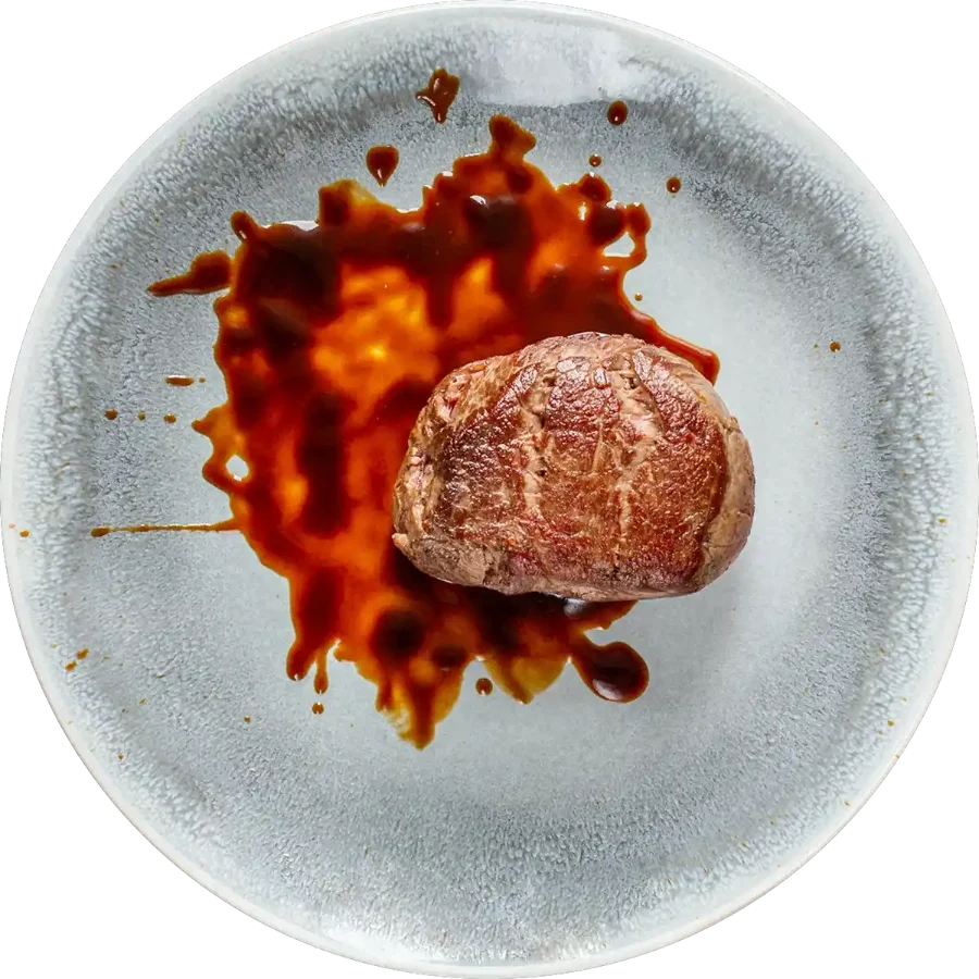 Teller mit Filet und Jus von oben