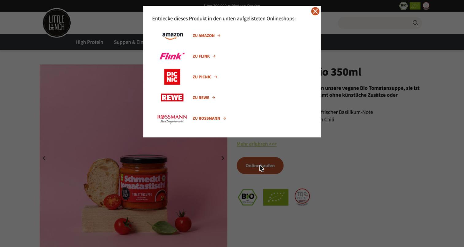 Händlerauswahl auf littlelunch.com: Amazon, Flink, Picnic, Rewe und Rossmann