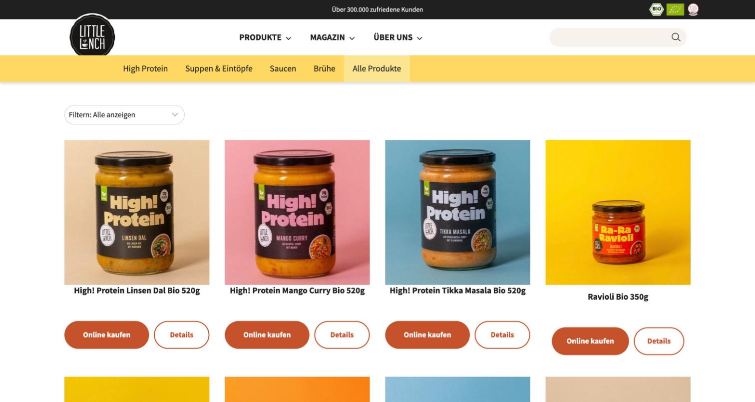 Produktübersicht auf littlelunch.com mit Kategorien, Filter und farbigen Produktkacheln