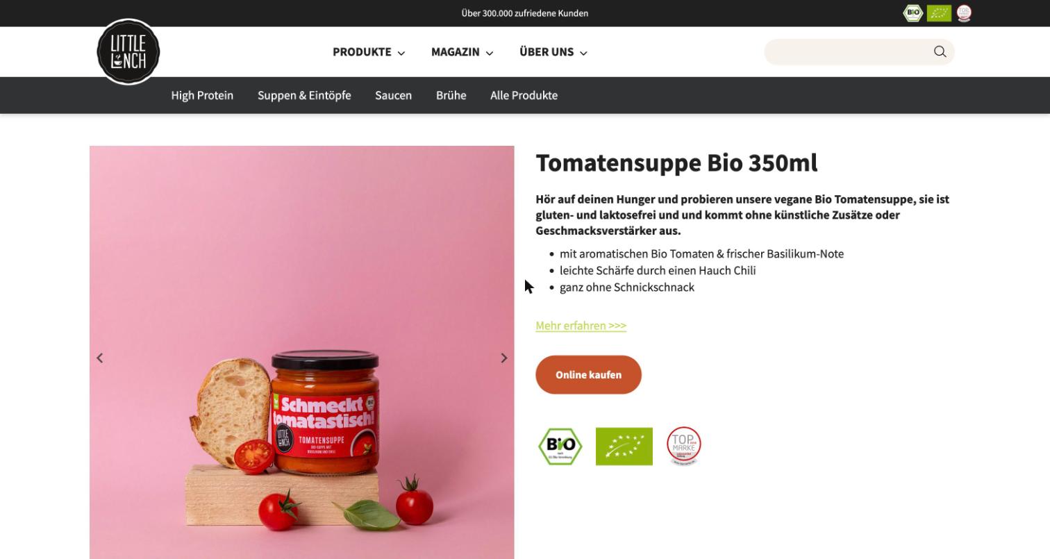 Produktseite der Tomatensuppe auf littlelunch.com mit Beschreibung, Button Online kaufen und Bio-Siegeln