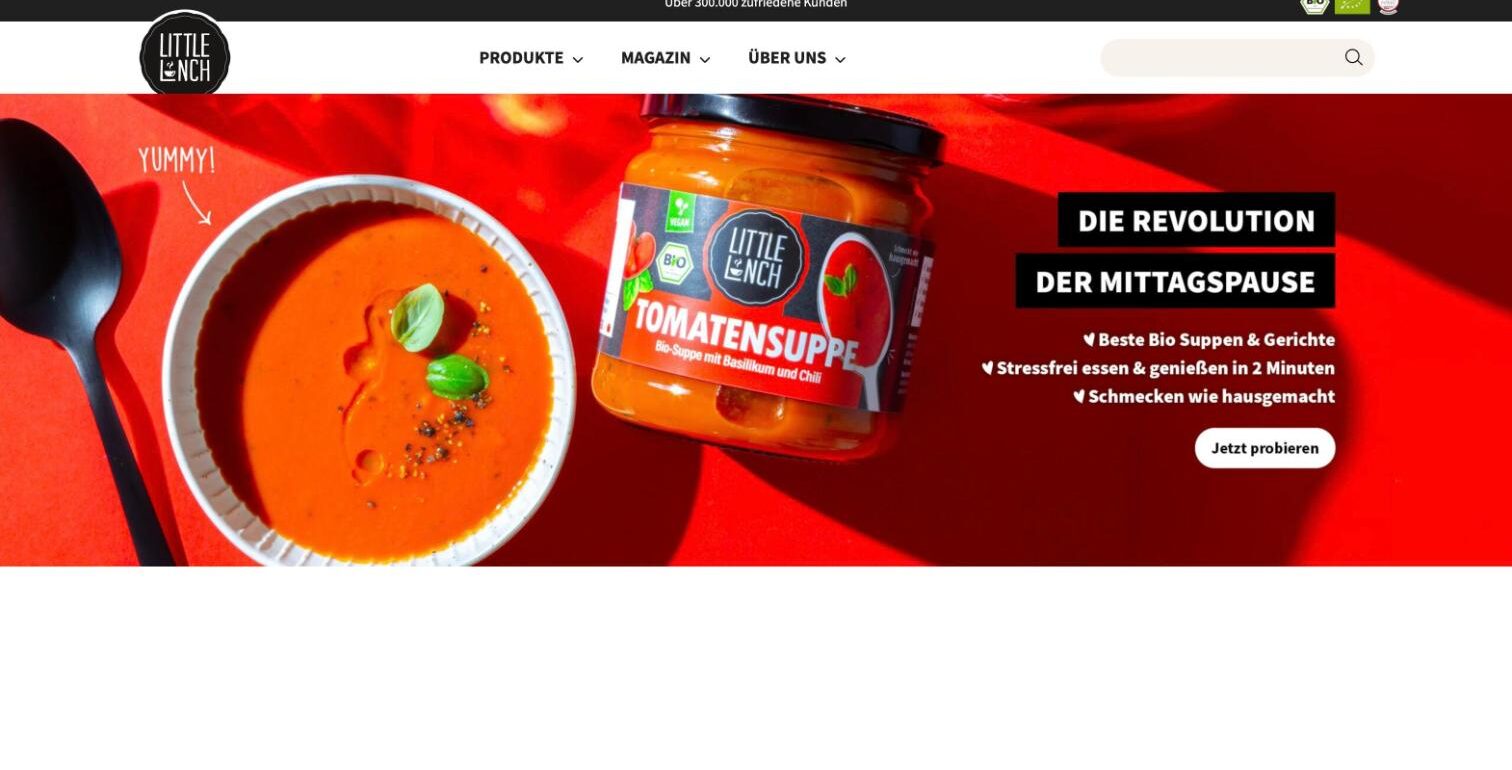 Jung&Billig - 22 • Werbeagentur Startseite von littlelunch.com mit Tomatensuppe und dem Claim Die Revolution der Mittagspause