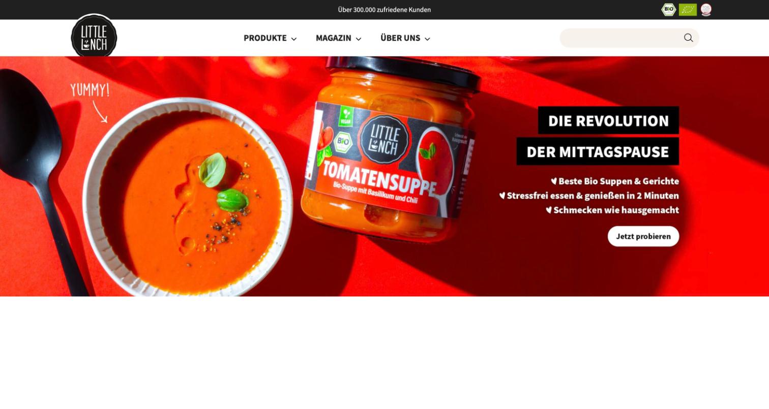 Startseite von littlelunch.com mit Tomatensuppe und dem Claim Die Revolution der Mittagspause