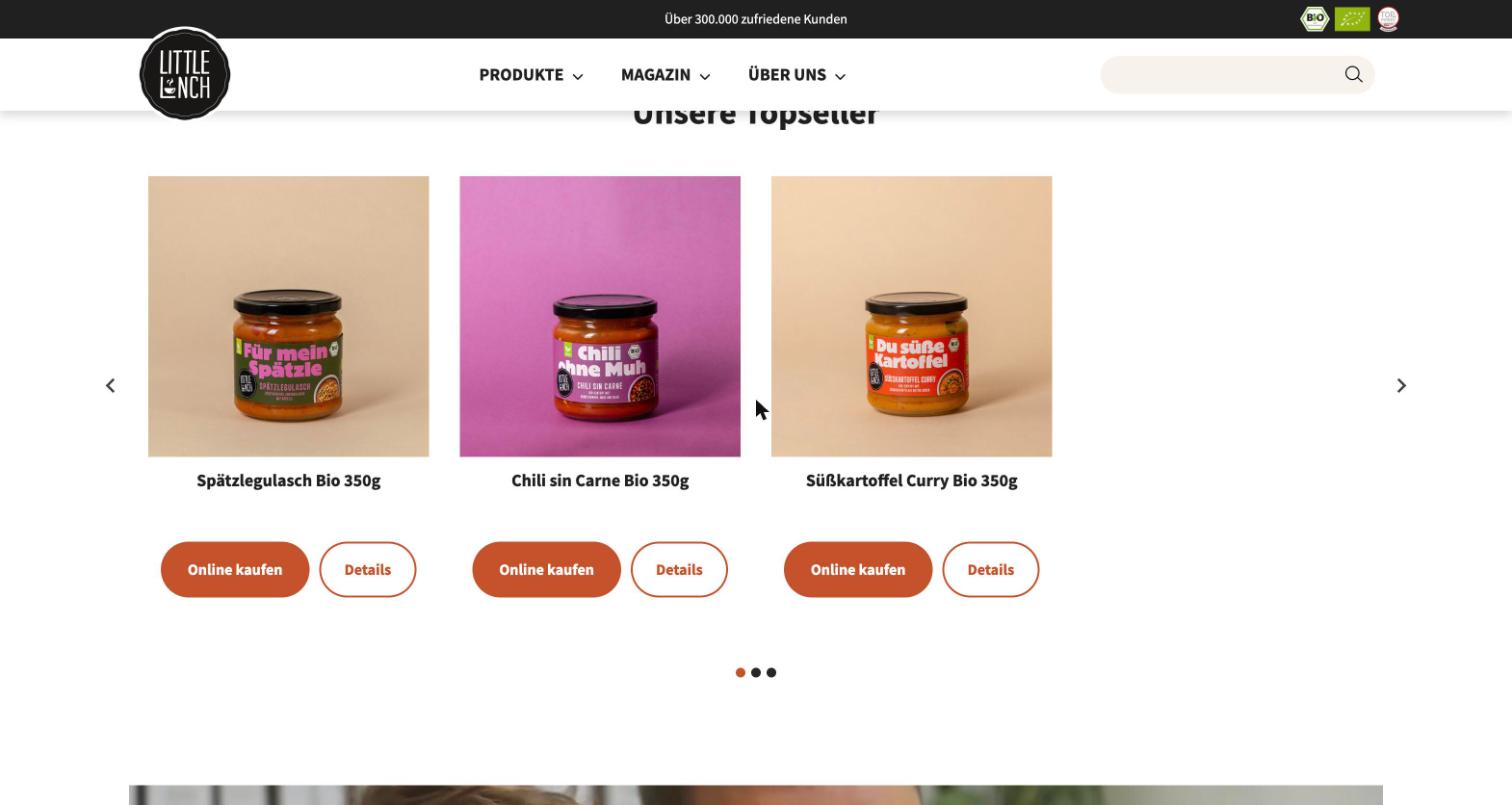 Topseller-Bereich auf littlelunch.com mit drei Produkten und den Buttons Online kaufen und Details