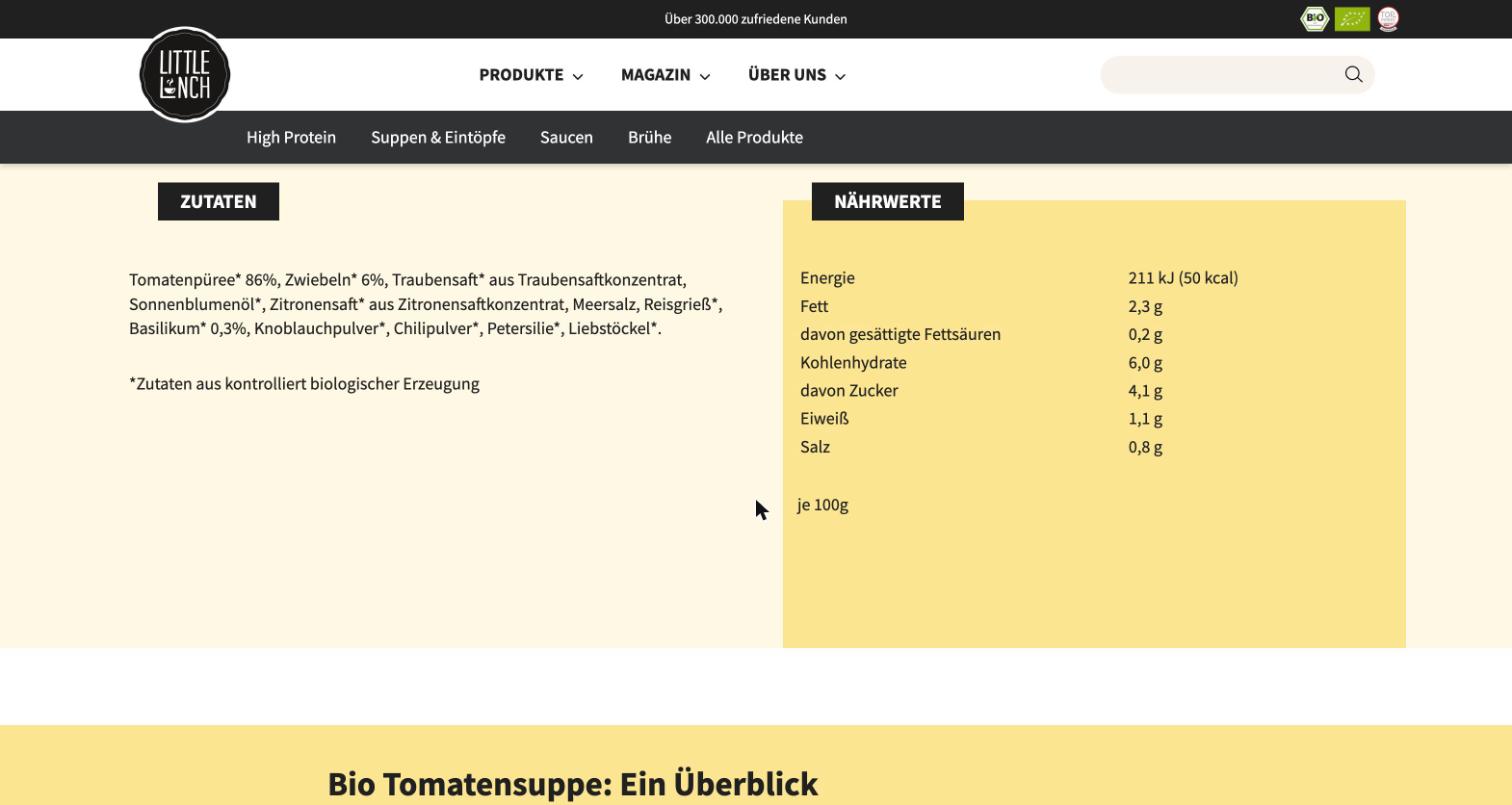 Zutaten und Nährwerte auf der Produktseite von littlelunch.com