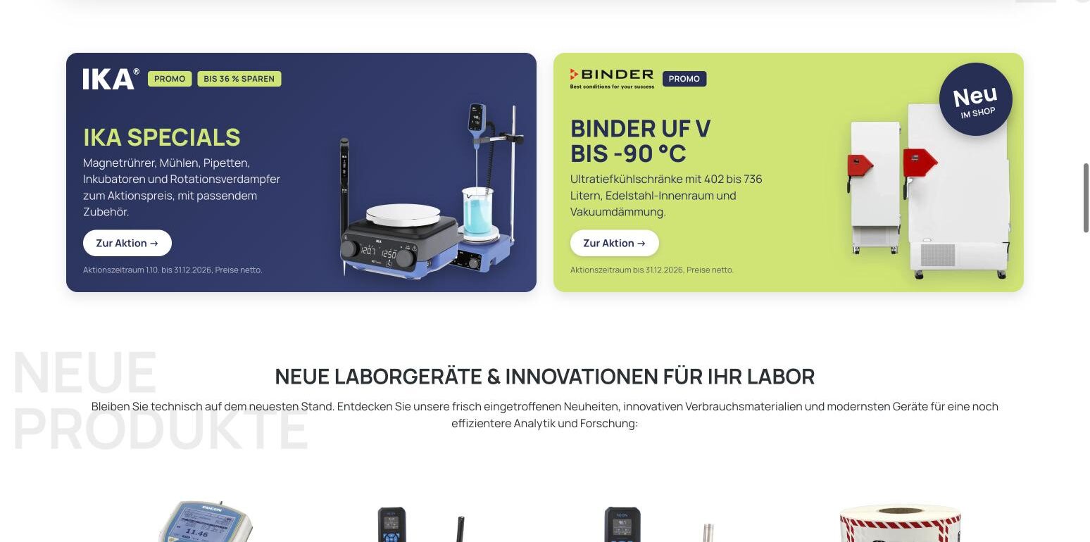 Jung&Billig - 24 • Werbeagentur LT Laborhandel – Aktionskacheln für IKA und Binder auf der Startseite des LT-Laborhandel-Shops