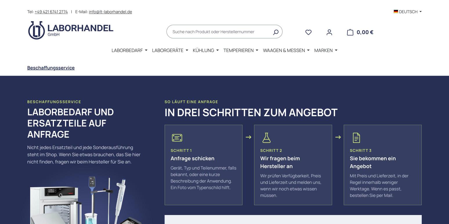 Beschaffungsservice-Seite mit Anfrage in drei Schritten