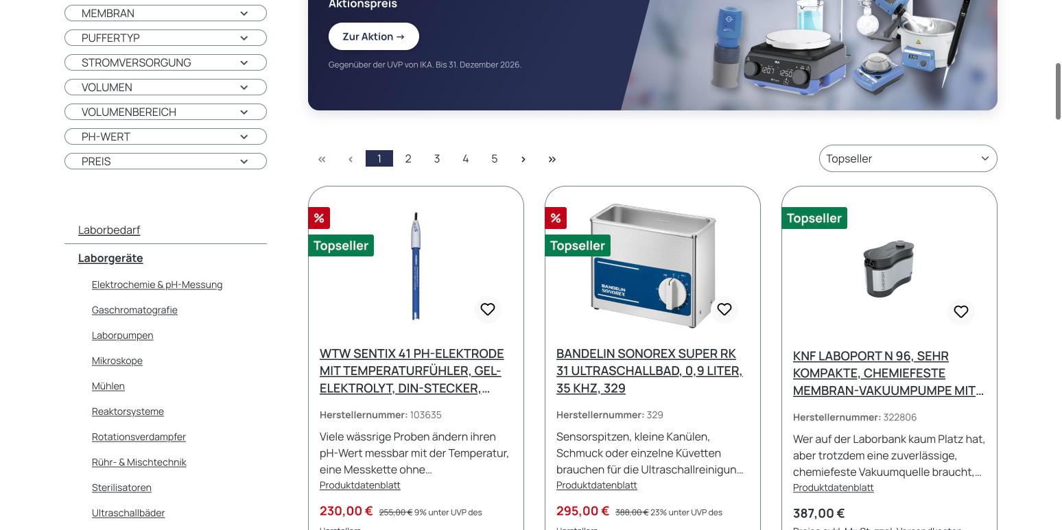 Kategorieseite Laborgeräte mit Filtern, Aktionsbanner und Topseller-Produkten