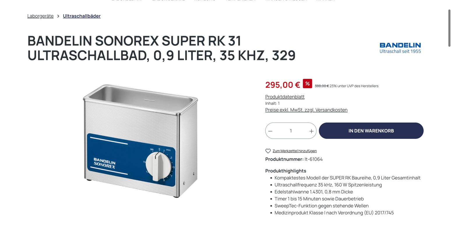 Produktseite eines Ultraschallbads mit Preis, UVP-Vergleich und Produkthighlights