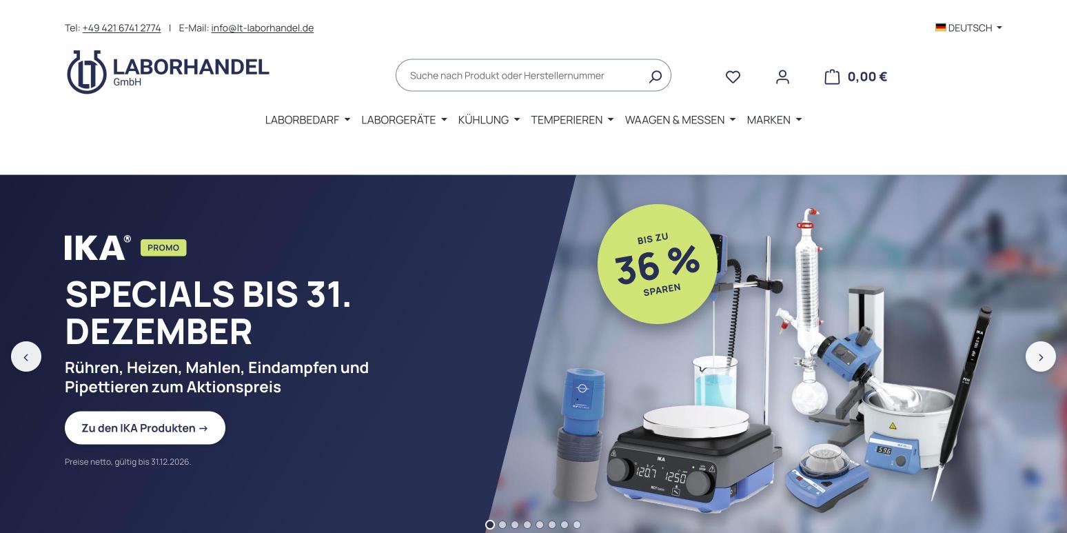 Startseite des Shopware-Shops von LT Laborhandel mit IKA-Aktionsbanner