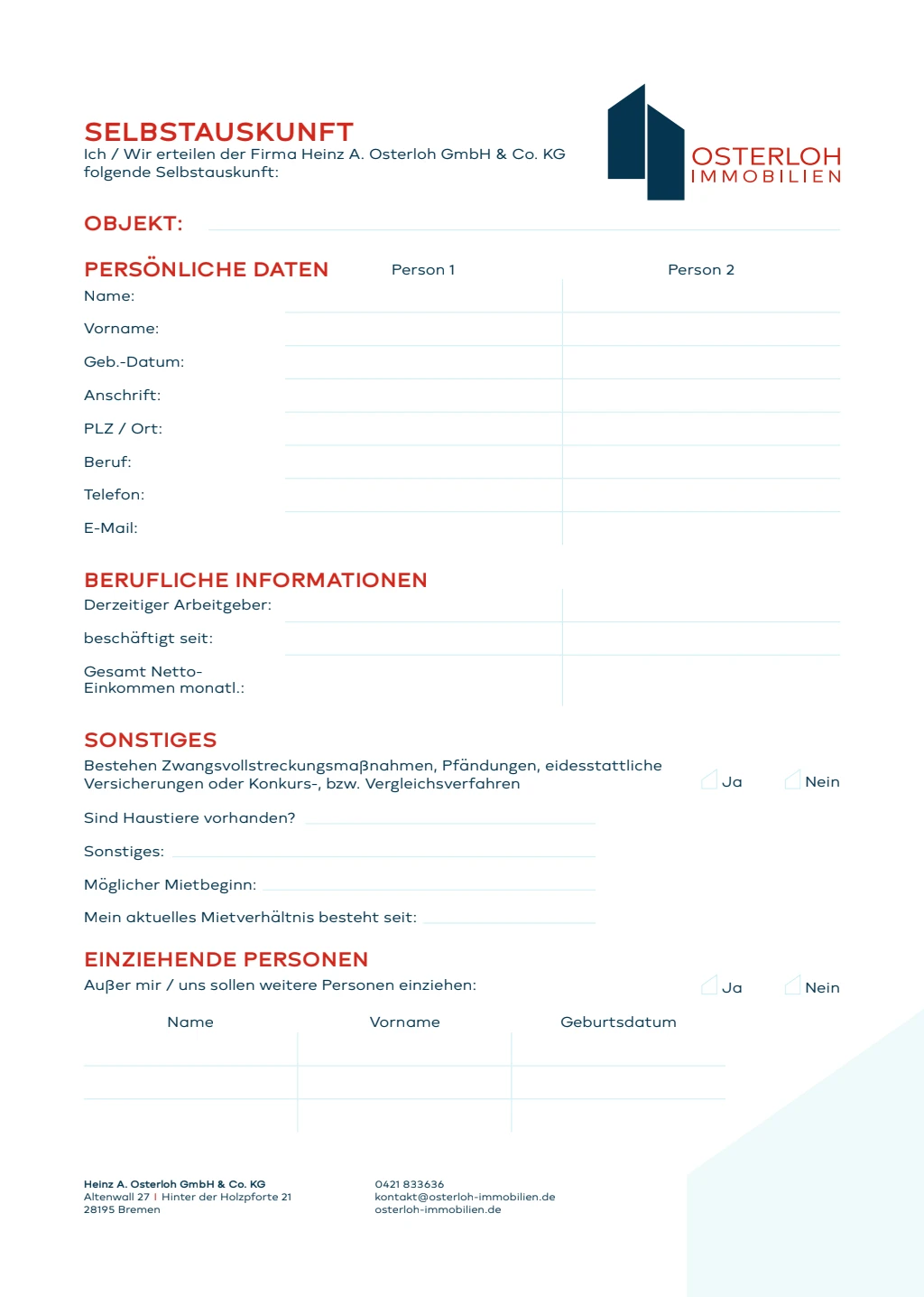 Formular Selbstauskunft von Osterloh Immobilien im neuen Corporate Design