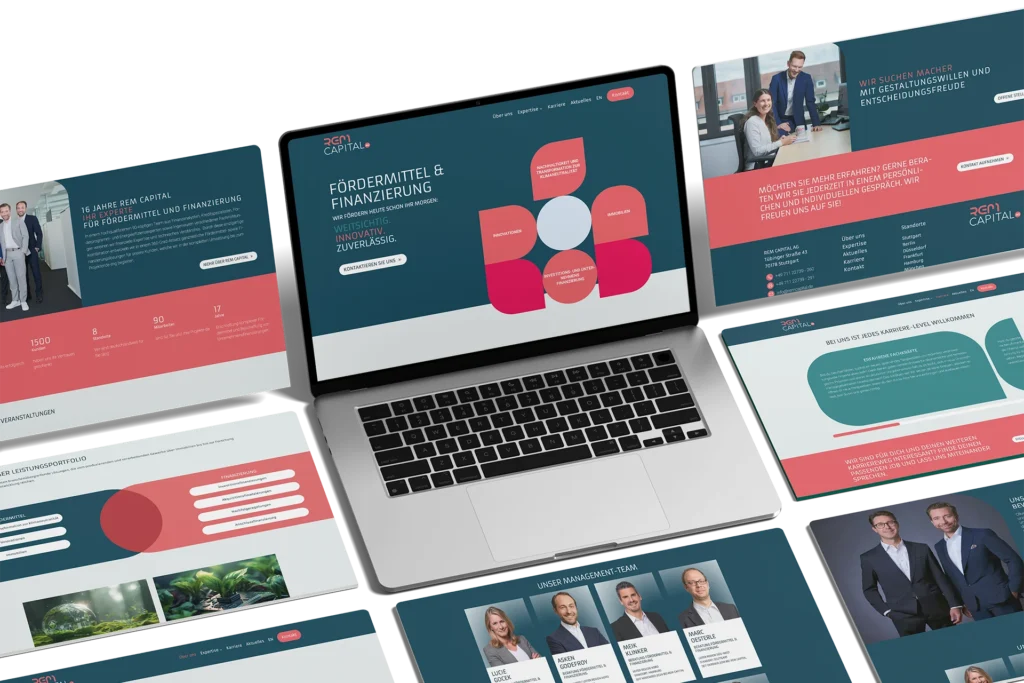 Website von REM Capital auf einem Laptop, umgeben von weiteren Seitenansichten