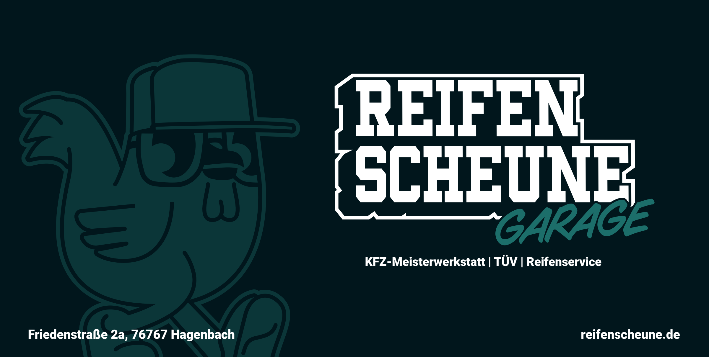 Bauzaunbanner der Hagenbacher Reifenscheune mit Hahn-Maskottchen und Logo „Reifenscheune Garage“