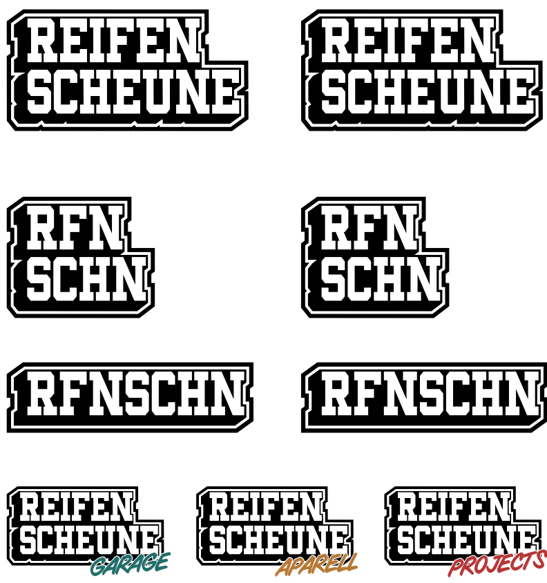 Logo-System der Hagenbacher Reifenscheune: Hauptlogo, Kurzformen RFN SCHN und RFNSCHN sowie Untermarken Garage, Apparel und Projects
