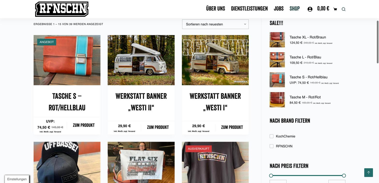 Online-Shop der Hagenbacher Reifenscheune mit Taschen, Werkstatt-Bannern und RFNSCHN-Merch