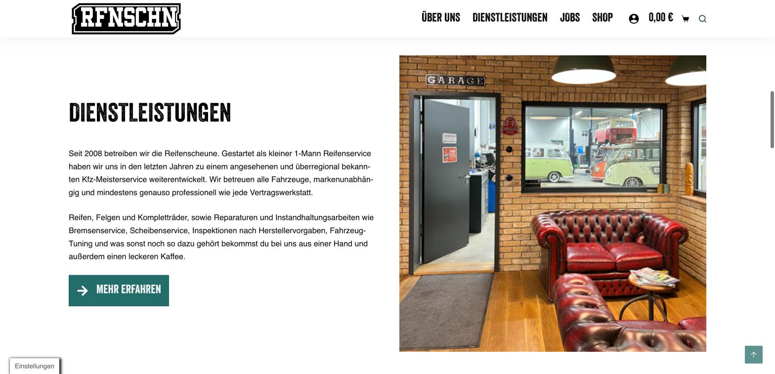 Abschnitt Dienstleistungen auf der Website der Hagenbacher Reifenscheune mit Kundenlounge