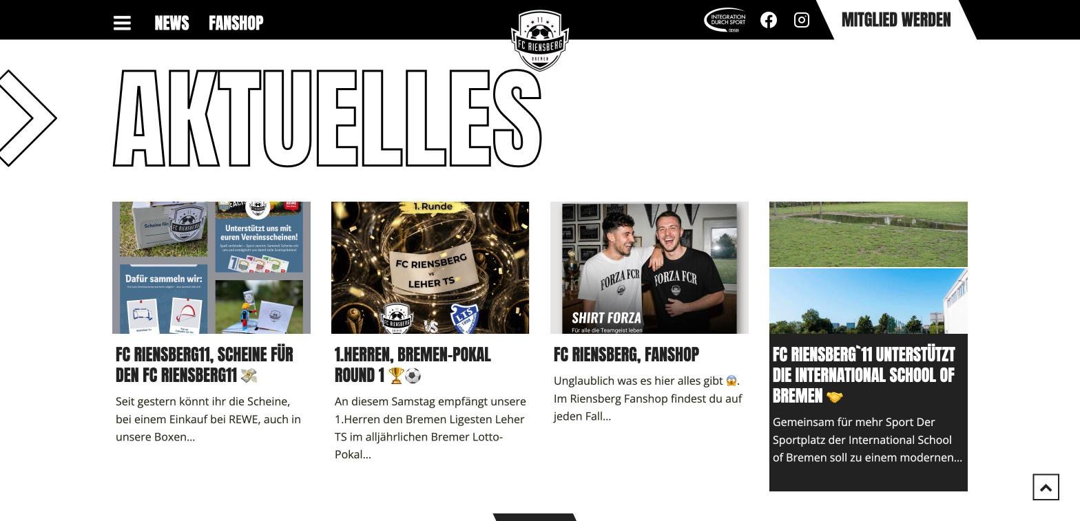 Website des FC Riensberg 11: News-Bereich „Aktuelles“ mit Beiträgen zu Pokal, Fanshop und sozialen Aktionen