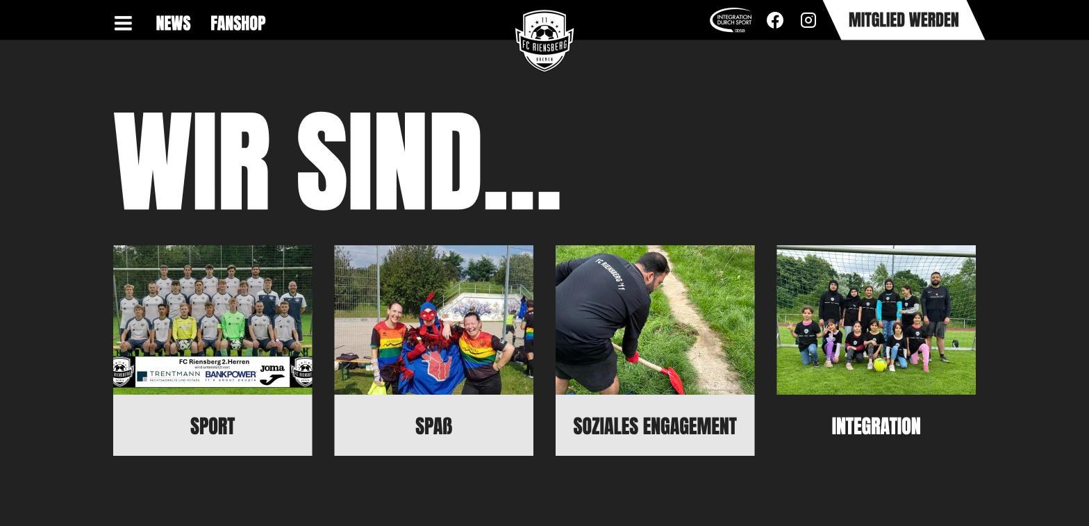 Website des FC Riensberg 11: Abschnitt „Wir sind …“ mit Kacheln Sport, Spaß, Soziales Engagement und Integration