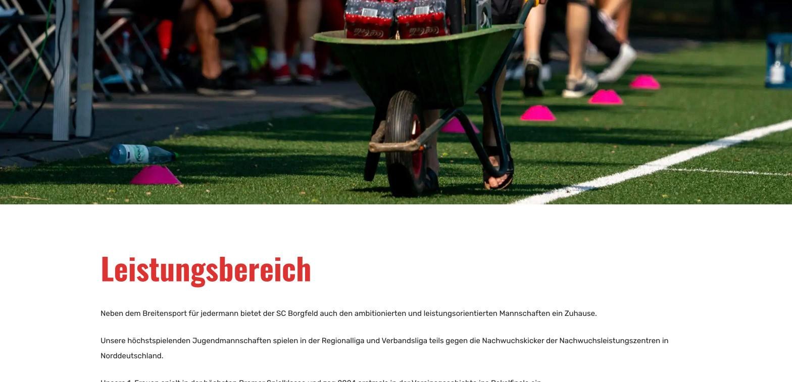 Website des SC Borgfeld: Seite Leistungsbereich mit Foto vom Trainingsplatz