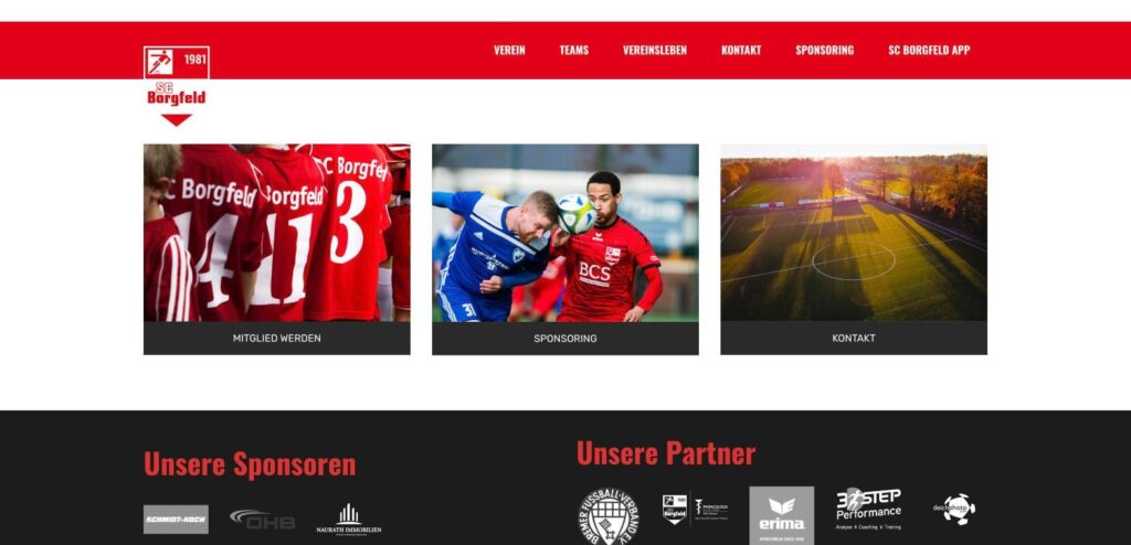 Website des SC Borgfeld: Kacheln Mitglied werden, Sponsoring und Kontakt, darunter Sponsoren und Partner