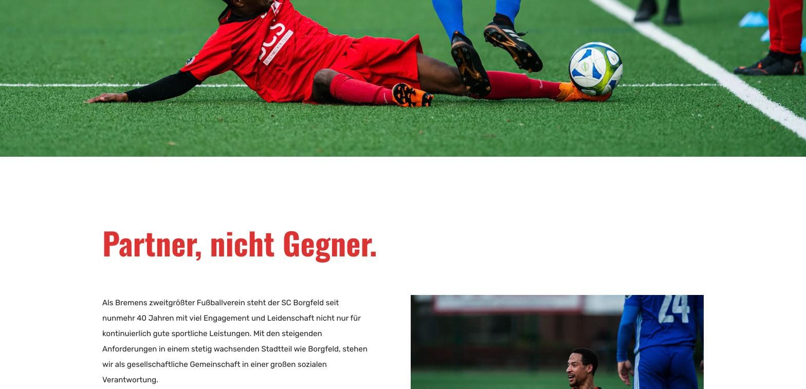 Website des SC Borgfeld: Sponsoringseite „Partner, nicht Gegner.“ mit Spielszene
