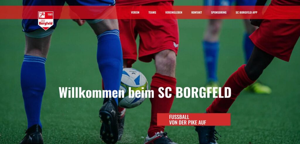 Startseite der Website des SC Borgfeld: Spielszene mit Ball, „Willkommen beim SC Borgfeld – Fußball von der Pike auf“