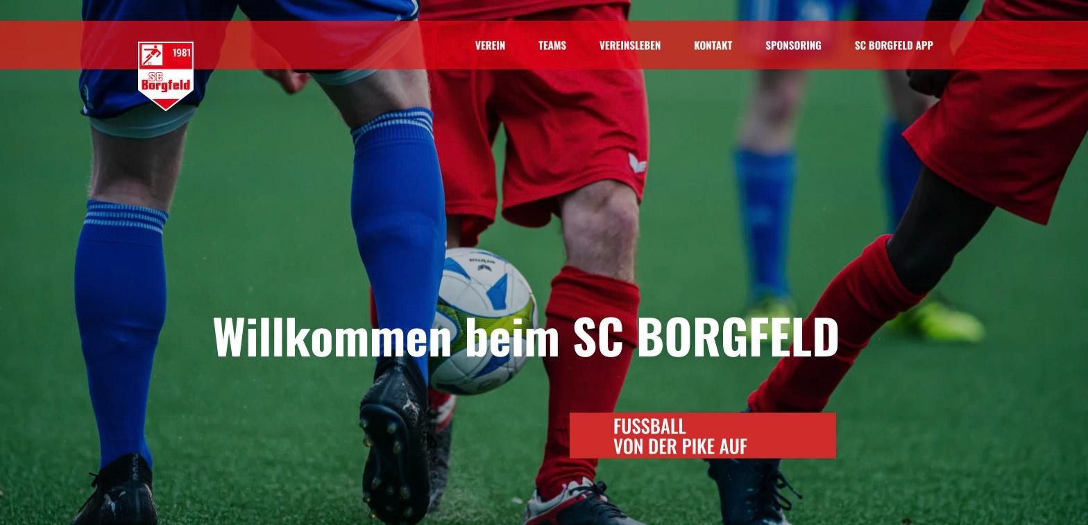 Jung&Billig - 23 • Werbeagentur Startseite der Website des SC Borgfeld: Spielszene mit Ball, „Willkommen beim SC Borgfeld – Fußball von der Pike auf“