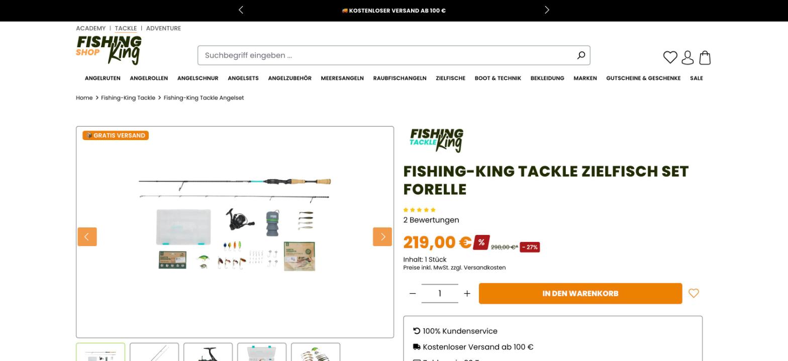 Angeln-Shop.de Shopware 6: Produktseite mit Preis, Rabatt, Badge und Warenkorb