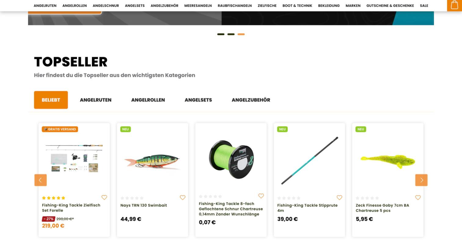 Angeln-Shop.de Shopware 6: Topseller mit Badges und Preisen
