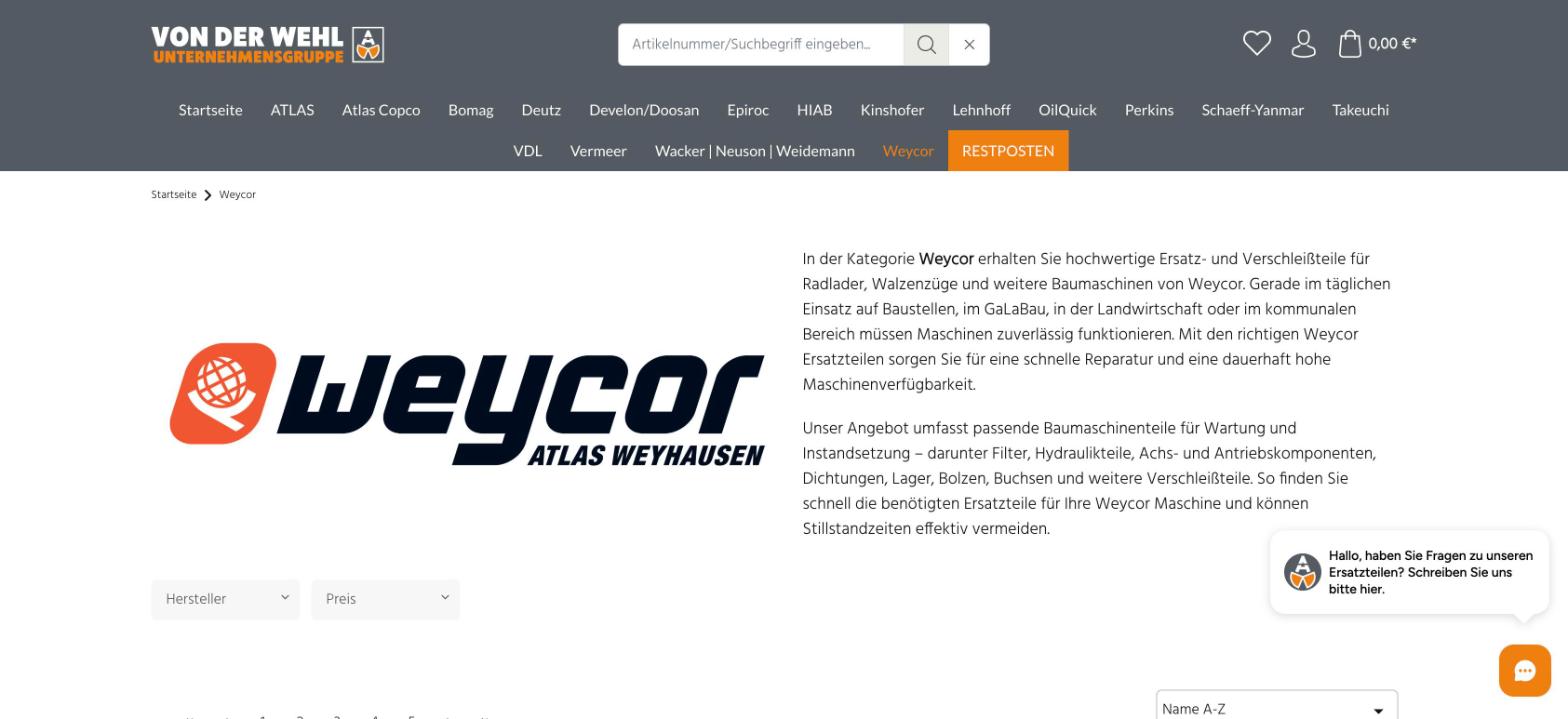 Atlas von der Wehl: Ersatzteil-Shop auf Shopware 6 - 2 • Ersatzteil-Shop Herstellerkategorie Weycor im Ersatzteil-Shop von Von der Wehl