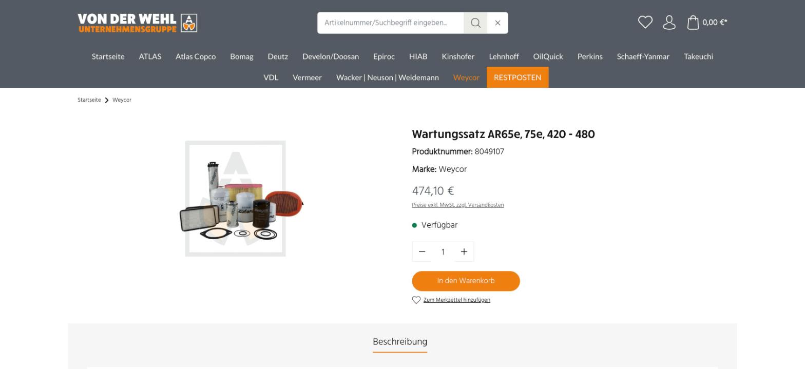 Atlas von der Wehl: Ersatzteil-Shop auf Shopware 6 - 4 • Ersatzteil-Shop Produktseite im Wehl-Shop mit Preis, Verfügbarkeit und Warenkorb