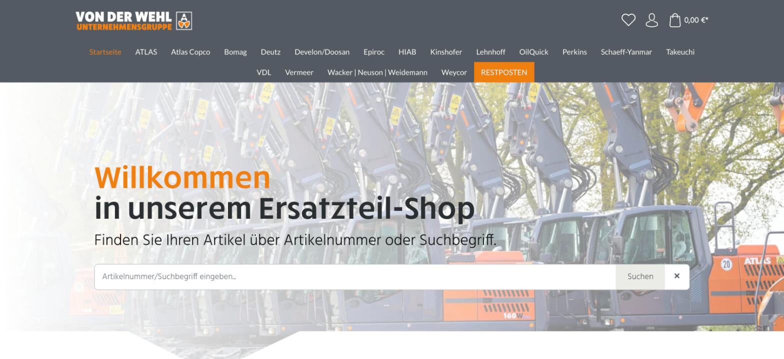 Atlas von der Wehl: Ersatzteil-Shop auf Shopware 6 - 1 • Ersatzteil-Shop Startseite des Ersatzteil-Shops shop.wehl.de mit Suchfeld und Herstellernavigation