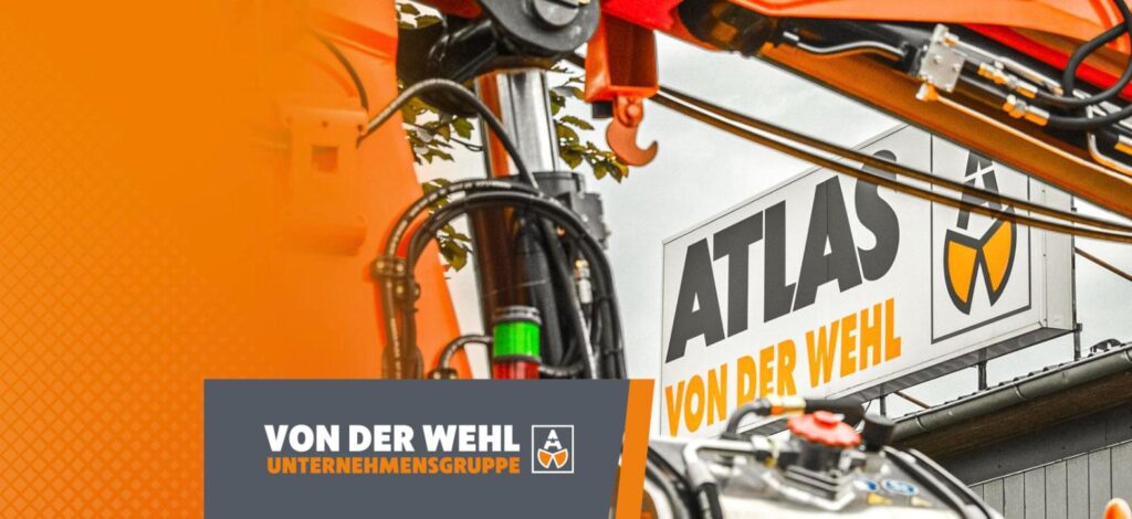 Ersatzteil-Shop auf Shopware 6 – Atlas-von-der-Wehl-Schild und Hydraulik, dazu das Logo der Von der Wehl Unternehmensgruppe