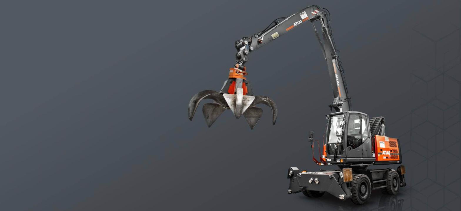 Atlas von der Wehl: Ersatzteil-Shop auf Shopware 6 - 3 • Ersatzteil-Shop Atlas Umschlagbagger mit Greifer auf schiefergrauem Hintergrund